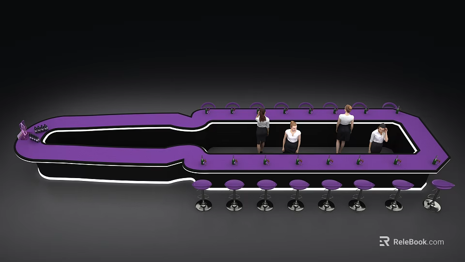 Modern Black And Purple Curved Bar Counter With Purple Stools And People 3d model 