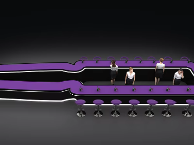 Modern Black And Purple Curved Bar Counter With Purple Stools And People 3d model