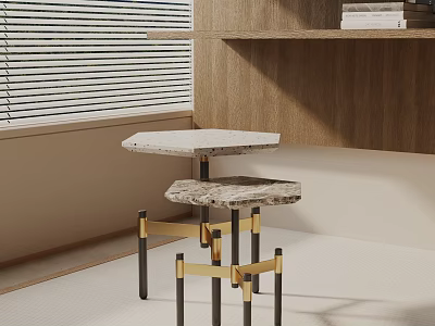 Sleek Modern Side Table With Two Tier Marble Top And Golden Metal Legs 3d model