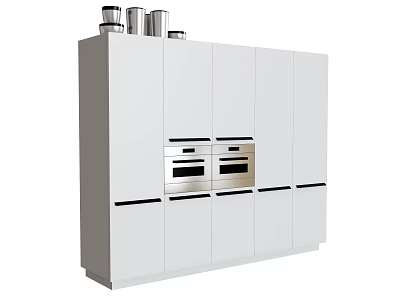 Modern White Kitchen Cabinets With Built-in Ovens And Metal Containers 3d model