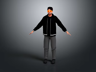 Man Wearing Black Jacket Gray Pants And Cap Standing With Open Arms Pose 3d model