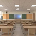 School Classroom Interior With Desks Chairs Blackboard Projection Screen And Lighting 3d model