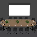 Oval Conference Table With Surrounding Chairs Plants And Projection Screen In Meeting Room