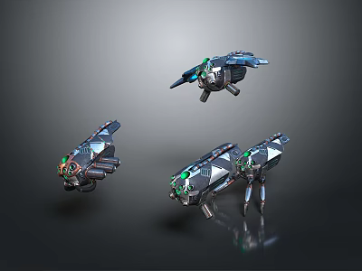 Three Futuristic Metallic Flying Vehicles With Green Lights Suspended In Air 3d model