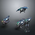 Three Futuristic Metallic Flying Vehicles With Green Lights Suspended In Air