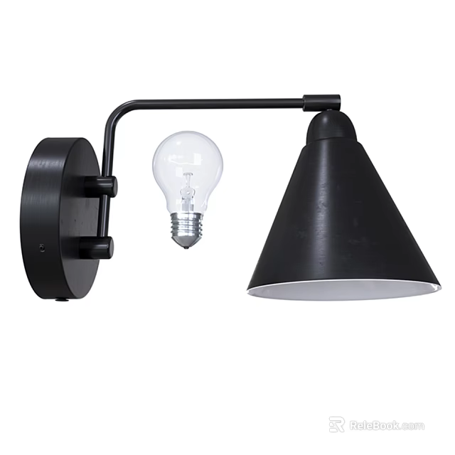 Black Modern Wall Lamp with Curved Arm Clear Bulb and Conical Shade Design 3d model 