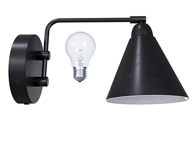 Black Modern Wall Lamp with Curved Arm Clear Bulb and Conical Shade Design 3d model