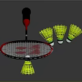Black And Red Badminton Racket Standing With Five Yellow Shuttlecocks Nearby 3d model