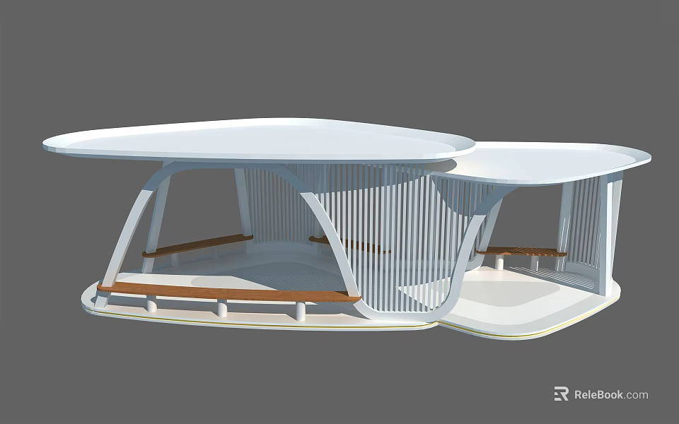 Modern Outdoor Pergola Open Structure With White Curved Roof And Wooden Benches 3d model 