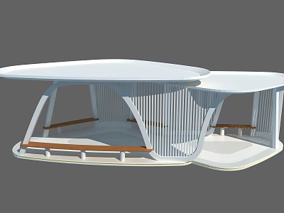 Modern Outdoor Pergola Open Structure With White Curved Roof And Wooden Benches 3d model