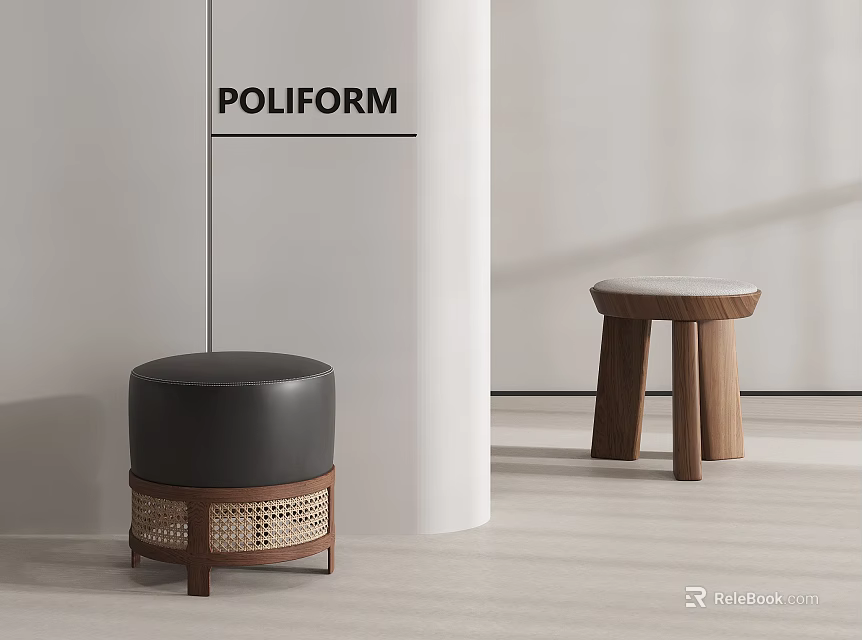 Elegant Modern Stool Design With Black Leather Rattan Base And Wooden Round Three Legs 3d model 