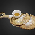 Fluffy Cat Near Wooden Plate With Pasty And Honey Dip On Black Background