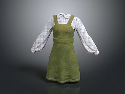 Stylish Green Pinafore Dress With Long Sleeve Plaid Shirt And White Collar 3d model