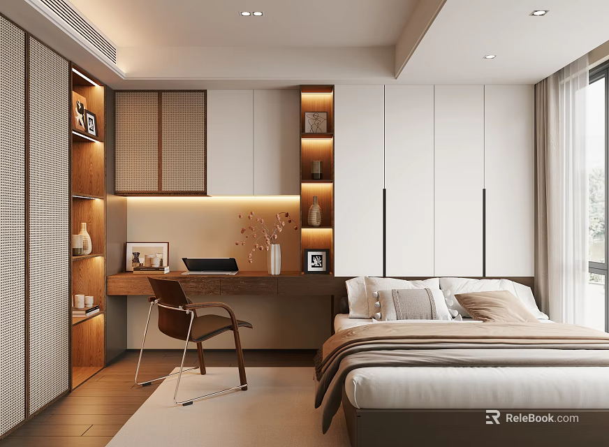 Modern Minimalist Tatami Bedroom Interior With Tatami Bed Desk Chair Bookshelves And Storage Cabinets 3d model 