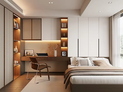 Modern Minimalist Tatami Bedroom Interior With Tatami Bed Desk Chair Bookshelves And Storage Cabinets 3d model