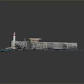 Miniature Fortress Model Featuring Circular Base Stone Structure Blue Water Lighthouse And Rocky Shore