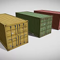 Industrial Cargo Containers Three Colored Yellow Green and Red Metal Units