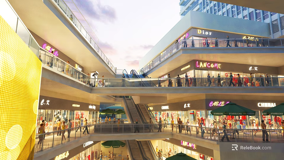 Modern Multi Level Commercial Street With Brand Stores Escalators And Pedestrians 3d model 