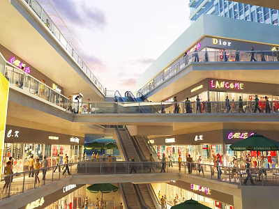 Modern Multi Level Commercial Street With Brand Stores Escalators And Pedestrians 3d model