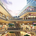 Modern Multi Level Commercial Street With Brand Stores Escalators And Pedestrians