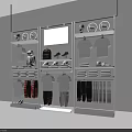 Modern Retail Display Rack with Hanging Clothing Shirts Pants Shoes Bags and Hats