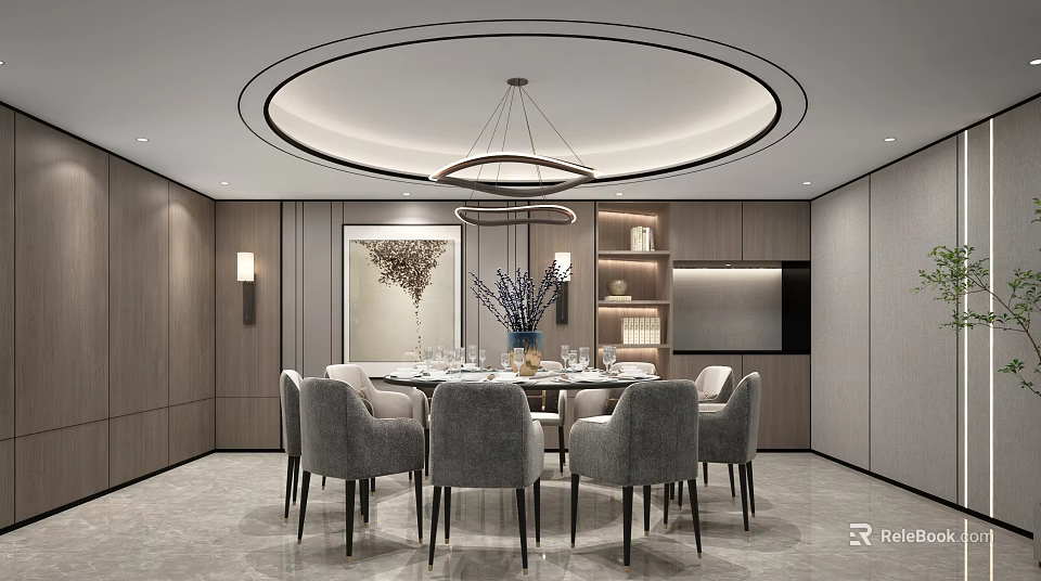 Modern Private Box Interior With Circular Ceiling Light Chandelier Dining Table And Chairs 3d model