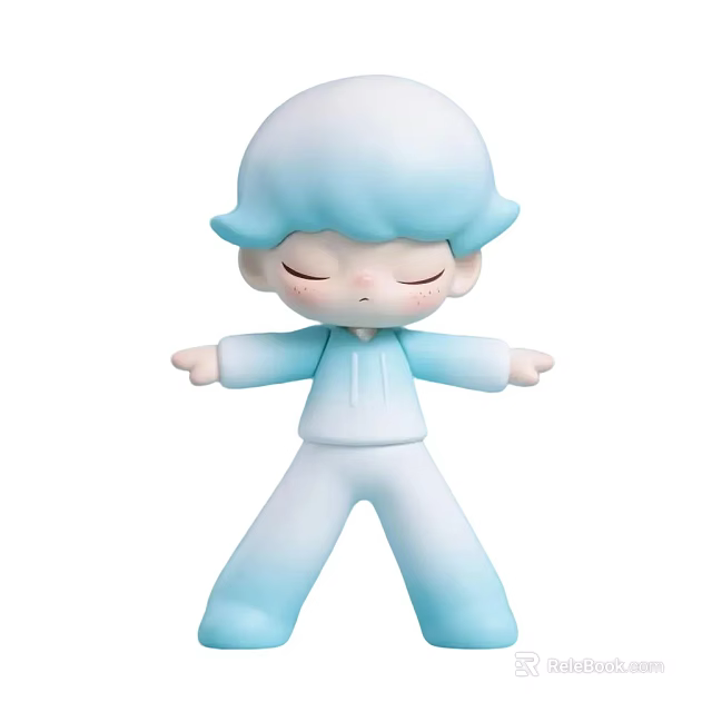 Whimsical Game And Movie Character With Blue Hair Closed Eyes Outstretched Arms Blue White Outfit 3d model 