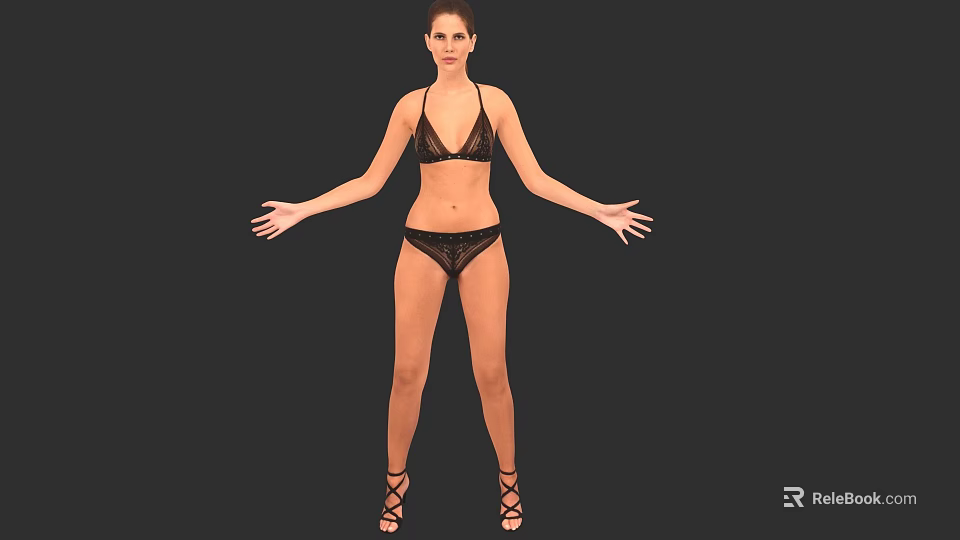Woman in Black Bikini with Arms Outstretched and High Heels Against Black Background 3d model 