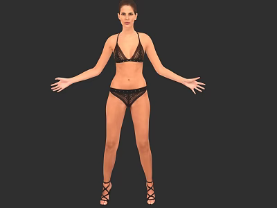 Woman in Black Bikini with Arms Outstretched and High Heels Against Black Background 3d model