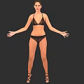 Woman in Black Bikini with Arms Outstretched and High Heels Against Black Background