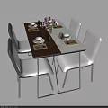 Modern Dining Table Set With Brown Tabletop White Chairs Pink Flowers Tableware And Wine Glasses