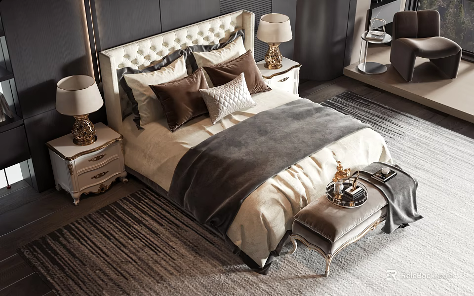 Elegant Double Bed With Upholstered Headboard Multiple Pillows Bedside Lamps Bench And Striped Rug 3d model 