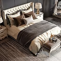Elegant Double Bed With Upholstered Headboard Multiple Pillows Bedside Lamps Bench And Striped Rug