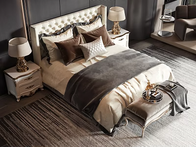 Elegant Double Bed With Upholstered Headboard Multiple Pillows Bedside Lamps Bench And Striped Rug 3d model