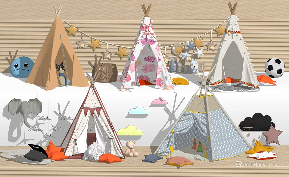 Colorful Kids Teepee Tents with Star Decorations and Soft Play Toys 3d model 