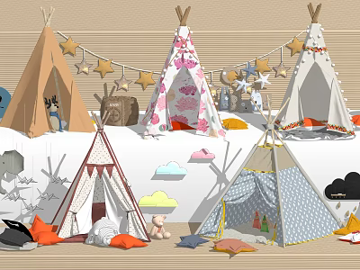 Colorful Kids Teepee Tents with Star Decorations and Soft Play Toys 3d model