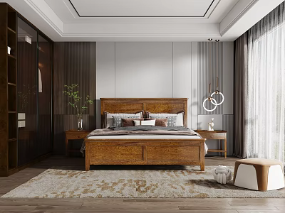 Modern Wooden Bedroom Interior With Large Bed Bedside Tables Area Rug Curtains And Potted Plant 3d model