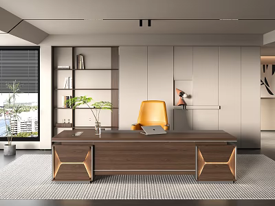 Modern Office Interior with Wooden Desk Orange Chair Shelves Plants and Window Blinds 3d model