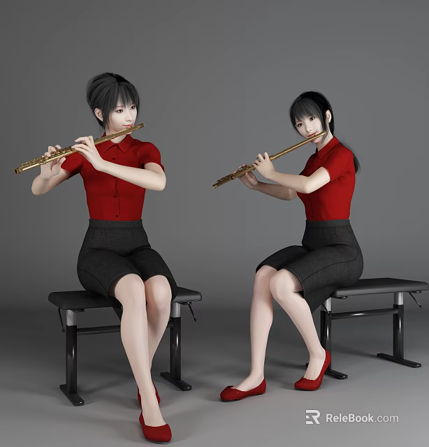 Women Playing Flutes in Red Blouses and Black Skirts Sitting on Benches 3d model 