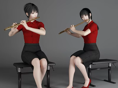 Women Playing Flutes in Red Blouses and Black Skirts Sitting on Benches 3d model