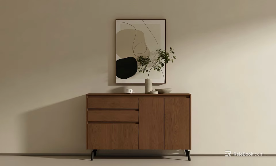 Minimalist Wooden Entryway Cabinet Sideboard With Drawers Plant And Abstract Artwork 3d model 