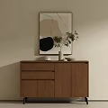 Minimalist Wooden Entryway Cabinet Sideboard With Drawers Plant And Abstract Artwork