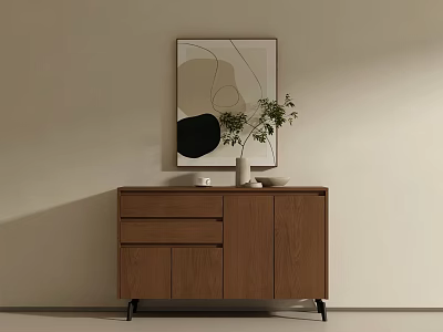 Minimalist Wooden Entryway Cabinet Sideboard With Drawers Plant And Abstract Artwork 3d model