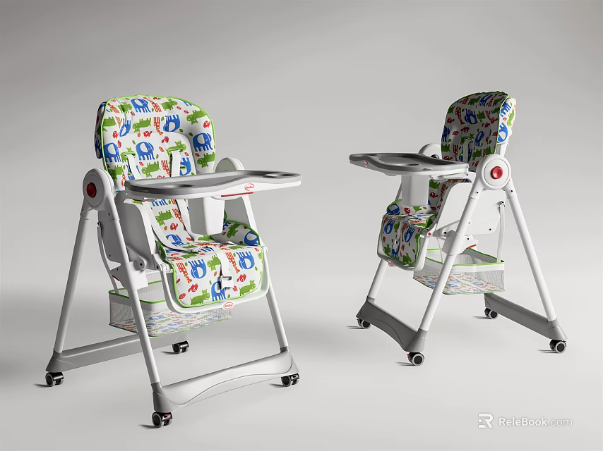 Colorful Children's High Chair With Cartoon Animal Prints Removable Tray And Wheels 3d model 