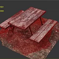 Weathered Wooden Picnic Table With Benches On Outdoor Dirt And Gravel Ground