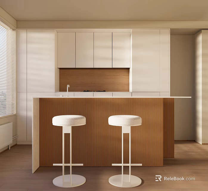 Modern Open Kitchen Interior With White Cabinets Wooden Island Counter And White Bar Stools 3d model 