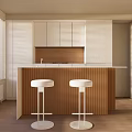 Modern Open Kitchen Interior With White Cabinets Wooden Island Counter And White Bar Stools