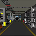 4S Dealership Car Service Garage Interior With Orange Sports Car Tire Racks And Yellow Lines