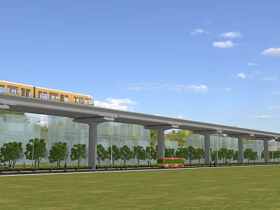 Yellow Metro Train on Bridge with Red Bus Green Grass Trees and Blue Sky 3d model