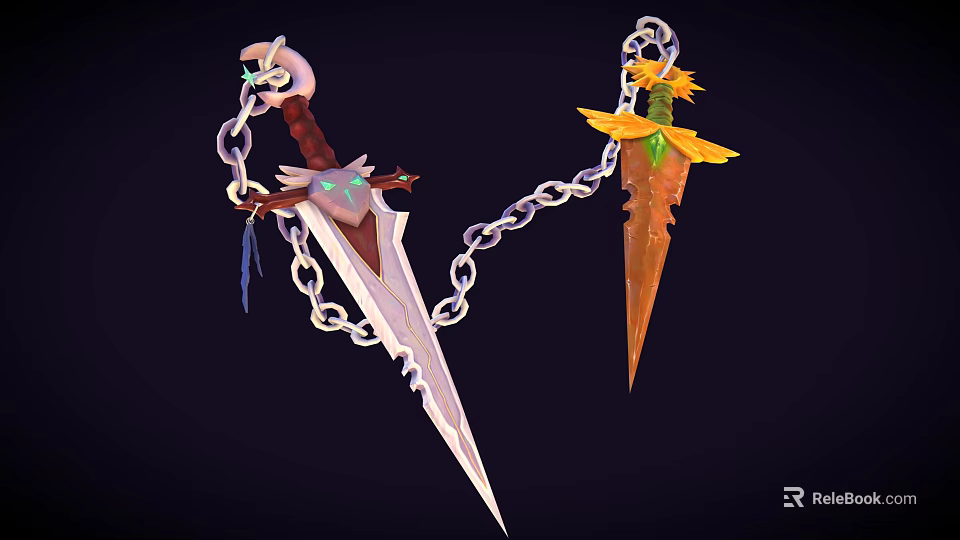 Colorful Fantasy Weapons With Chain Linked Sword And Dagger Decorative Details 3d model 